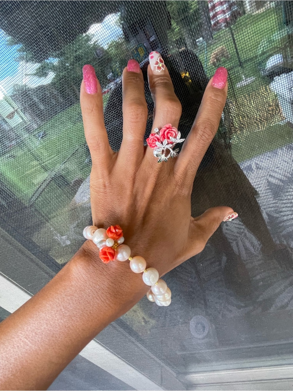 Handmade Pink Rose & Pearl Bracelet and Ring Set